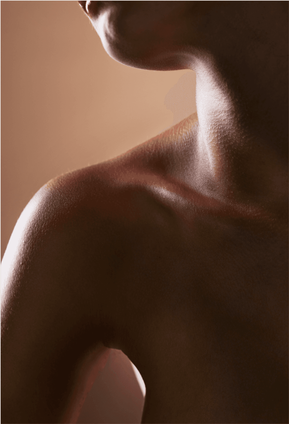 A person's neck and shoulder in warm sepia tones, emphasizing the curves and skin texture.